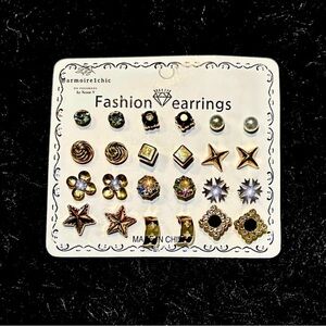 CLASSIC FASHION EARRINGS SET | 12 pairs | Metallic Snowflakes Stars Stones